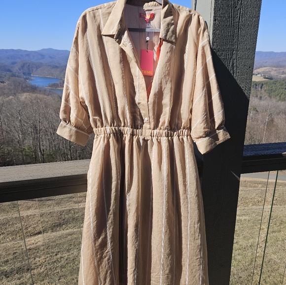 THML Warm Camel W Ivory Stripe Dress, Coral Accent M side Pockets Elastic Waist - Picture 1 of 6